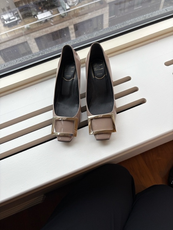 Roger Vivier Shoes - Roger Vivier Taupe Patent Square-Toe Pumps with Gold Buckles